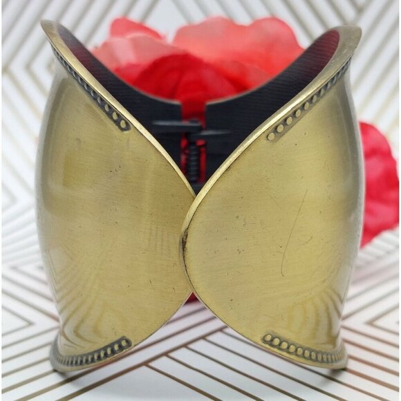 Hinged Brush Gold Tone Statement Cuff Bracelet Wide Studded Trim - Picture 1 of 10